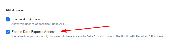 Regular user settings showing Enable Data Exports Access selected.