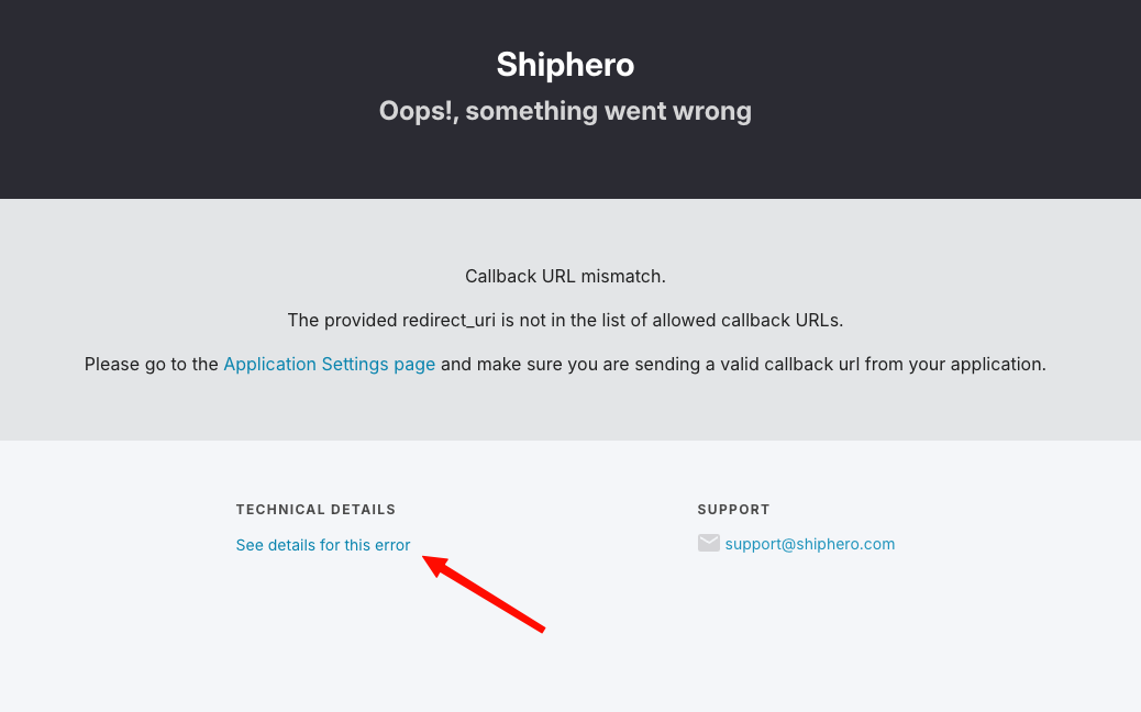 ShipHero authorization error page with the “See details for this error” link highlighted