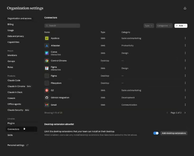 organization settings > connectors
