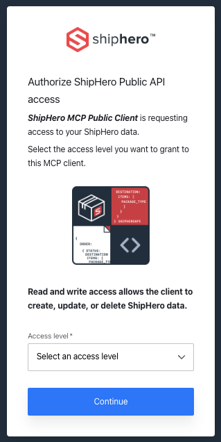 ShipHero authorization flow showing the access level selector